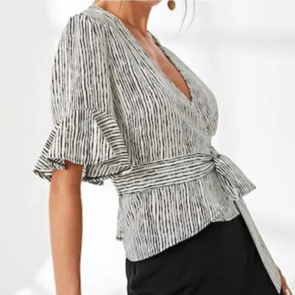 Pinstripe Wrap Tie Waist Blouse - Picture 4 of 6